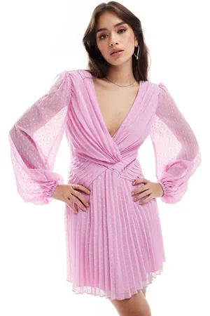 ASOS Dobby angel sleeve deep plunge wrap pleated mini dress in lilac