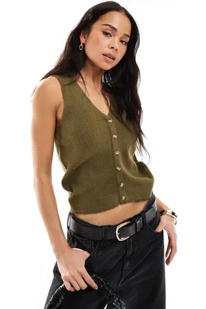 Brave Soul Sleeveless knitted vest with contrast buttons in khaki