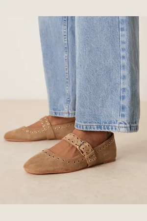ASOS Larson eyelet mary jane ballets in taupe suedette