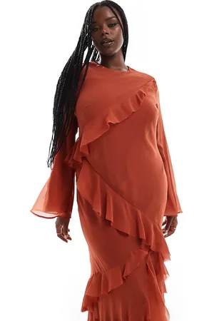 ASOS ASOS DESIGN Curve fluted long sleeve extreme ruffle maxi dress in rust
