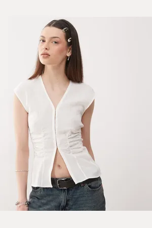 Weekday Crinkle v neck top with and hook and eye detail in off