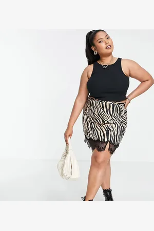 ASOS Curve satin notch mini skirt with lace trim in tiger print