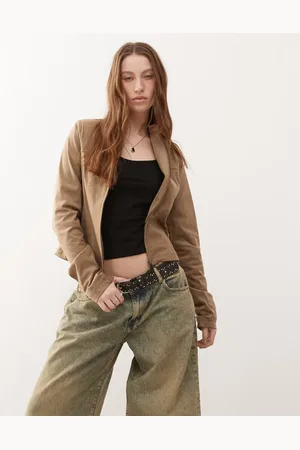 Motel Mandy faux suede biker jacket in walnut