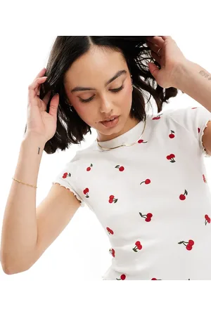 Miss Selfridge Short sleeve frill sleeve t-shirt with cherry embroidery in white