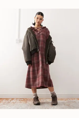 Reclaimed Midi smock dress with tie front ruffle detail in burgundy check
