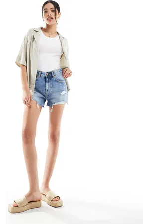 Bershka High waisted ripped denim shorts in mid