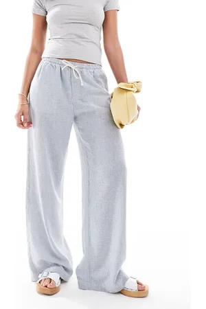 Bershka Drawstring waist wide leg trousers in light pinstripe