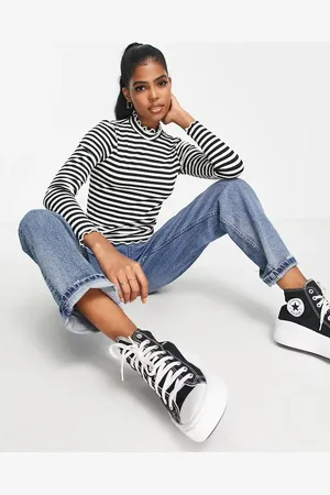 JDY High neck lettuce edge top in stripe