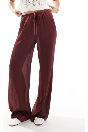 ASOS Wide leg semi sheer plisse trouser in burgundy