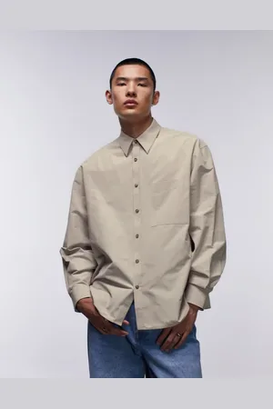 Topman Limited long sleeve oversized fit pointed collar shirt in beige