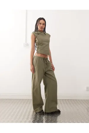 Weekday Vitani mix & match ripstop wide leg trousers with elasticated waist in khaki