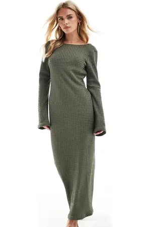 VERO MODA Long sleeve textured maxi dress in khaki
