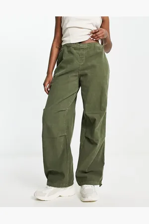 Stradivarius STR oversized baby cord parachute pant in khaki