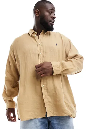 Ralph Lauren Big & Tall icon logo linen shirt classic oversized fit in khaki tan