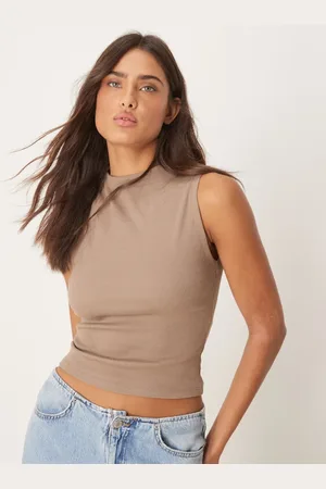 Gina Tricot Jersey sleeveless funnel neck top in light brown