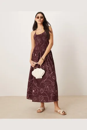 ASOS Scoop neck crinkle maxi dress with cross back in burgundy floral print