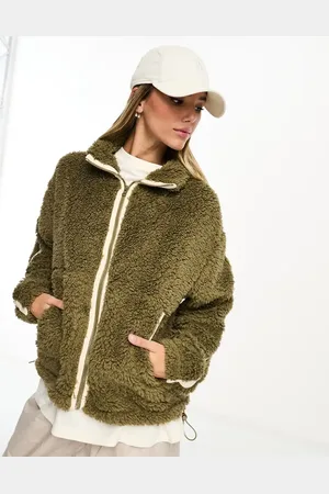 Brave Soul Zip through borg jacket with contrast detail in khaki