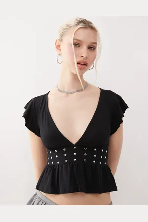 Motel Leisma frill sleeve studded plunge top in