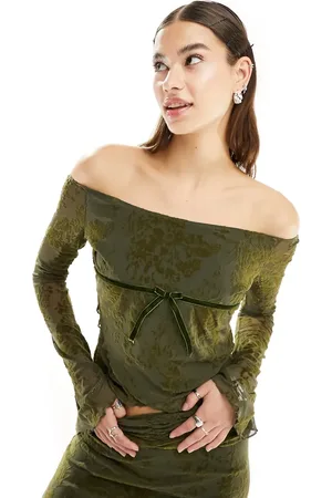 Motel Flocked floral long sleeve top co-ord in olive