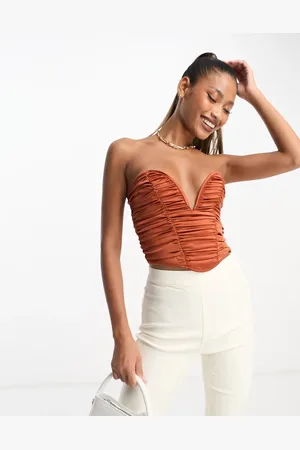 ASOS Strapless ruched corset top with plunge v in rust