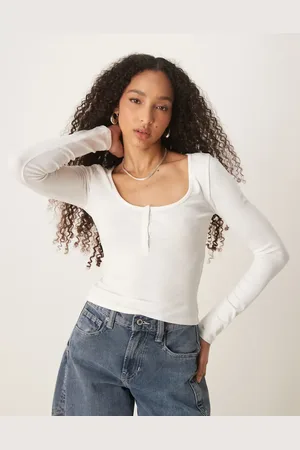 Gina Tricot Jersey long sleeve with concealed front button detail in off