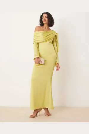 Pretty Lavish Asymmetric bow chiffon maxi dress in chartreuse