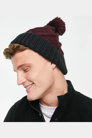 French Connection Cable bobble two colour beanie hat in burgundy