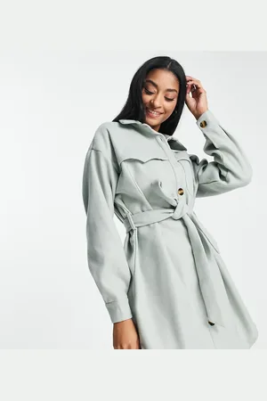 Missguided Fleece shirt dress with belt in sage