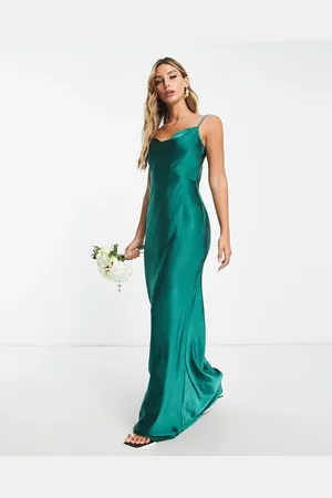 Pretty Lavish Bridesmaid Keisha cowl neck satin maxi dress in emerald