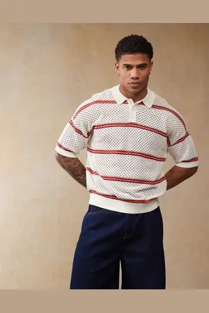 ASOS Relaxed boxy fit crochet knitted polo with stripe pattern in ecru