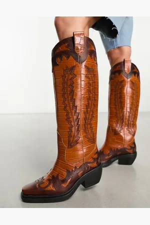 ASOS Cannon leather western knee boots in tan