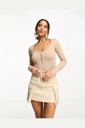 Miss Selfridge Scoop neck hook and eye bodysuit in stone