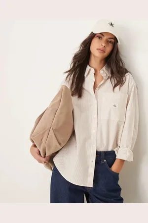 Calvin Klein Woven label relaxed shirt in and beige stripe