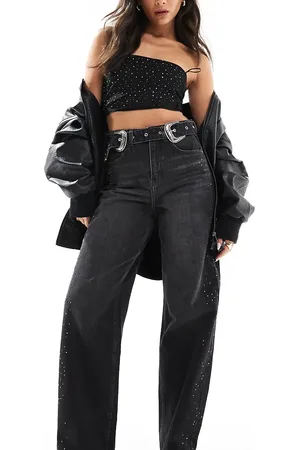 Bershka Diamante western wide leg jeans in washed