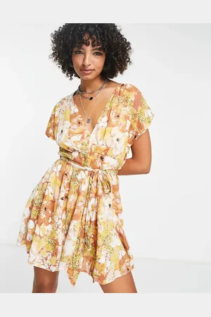Free People Freddy tie waist mini dress in cocoa floral