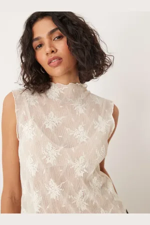 Gina Tricot Funnel neck sleeveless lace top in off