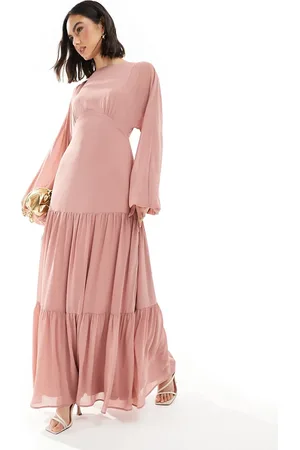 TFNC Bridesmaid chiffon maxi dress with tiered skirt in dusky