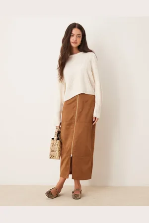 ASOS Zip detail faux suede maxi skirt in brown - KHAKI