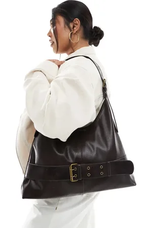 Pull&Bear Faux leather tote bag with buckle detail in brown