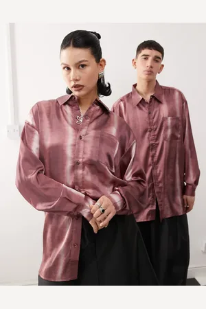 Reclaimed Oversized satin shirt in burgundy tie dye