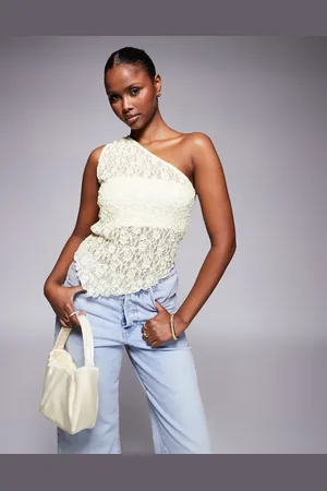 ASOS Lace one shoulder asymmetric top in buttermilk