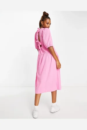 Monki Midi puff sleeve dress with cut out bow back in