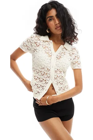 ASOS Knitted pointelle polo top in ecru