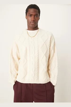 ASOS Knitted oversized heavyweight wool mix cable jumper with crew neck in oatmeal