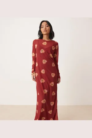 Never Fully Dressed Petite long sleeve heart print mesh maxi dress in burgundy