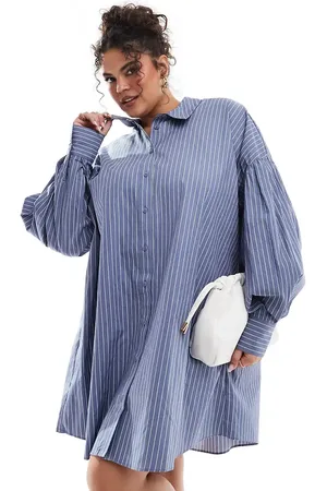 ASOS ASOS DESIGN Curve boyfriend shirt mini dress with blouson sleeve in pinstripe