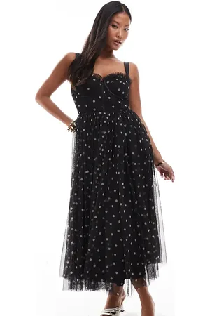 Lace & Beads Corset midi dress in polka dot