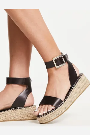 South Beach PU two part espadrille sandal with textured buckle in chocolate