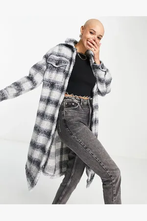New Look Brushed midi check shacket in blue check