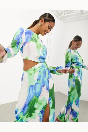ASOS Satin long sleeve cut out midi dress in green watercolour print